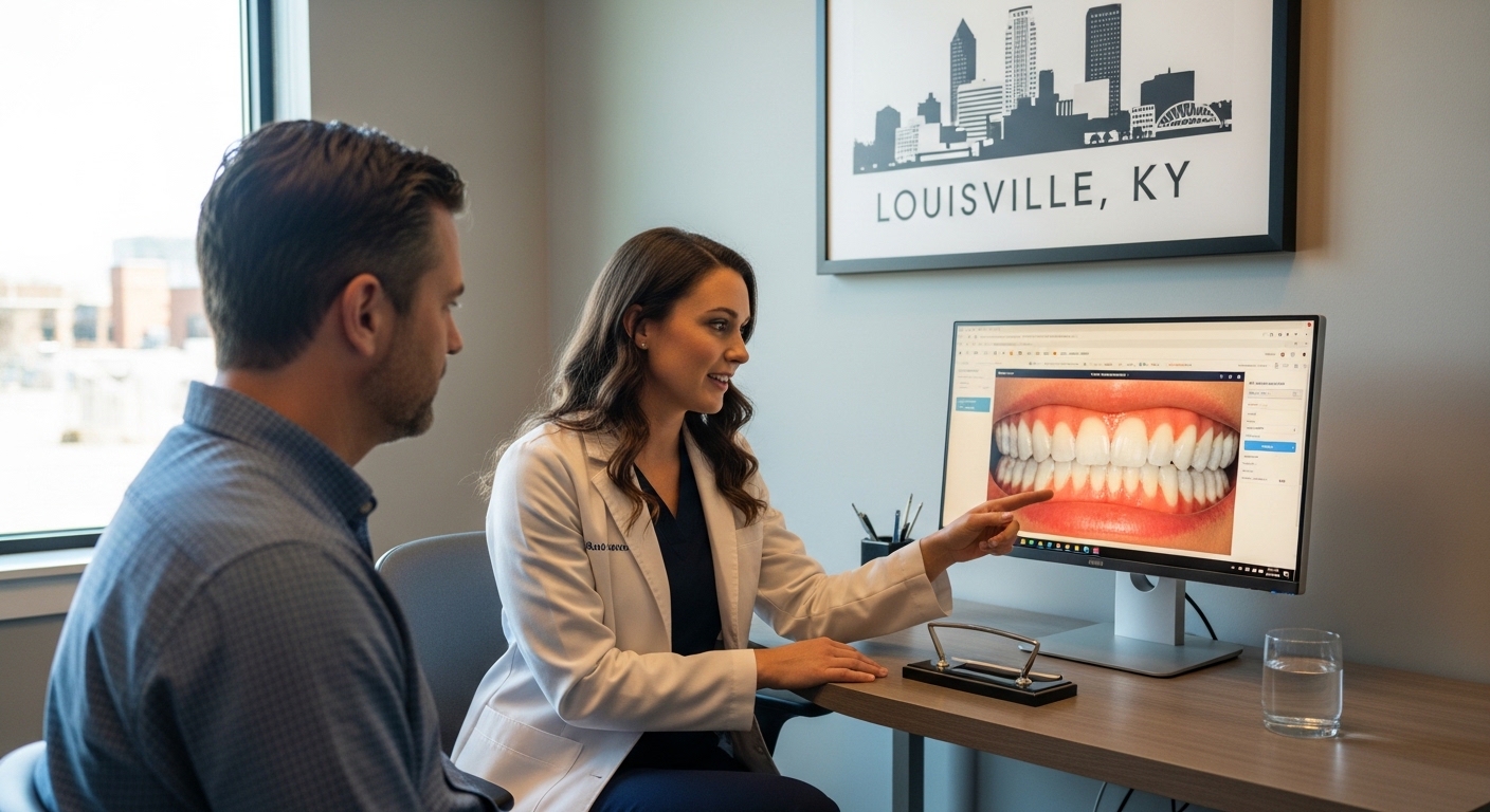Dentist consulting with a patient in a modern Louisville, KY dental office.
