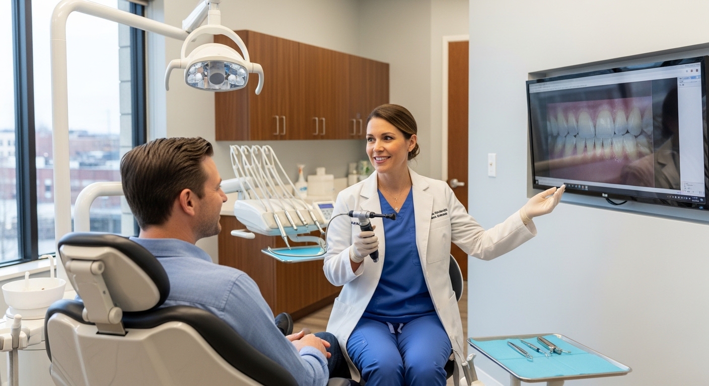 Patient and dentist during consultation in Louisville, KY dental office