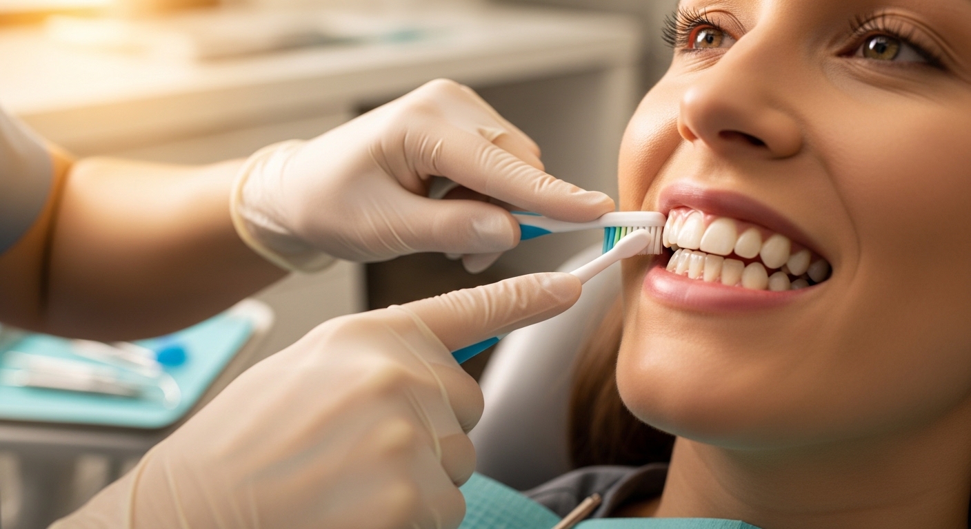 Dentist and patient discussing gum health in dental office