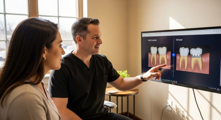 Dentist consulting with patient in Louisville about crowns and veneers