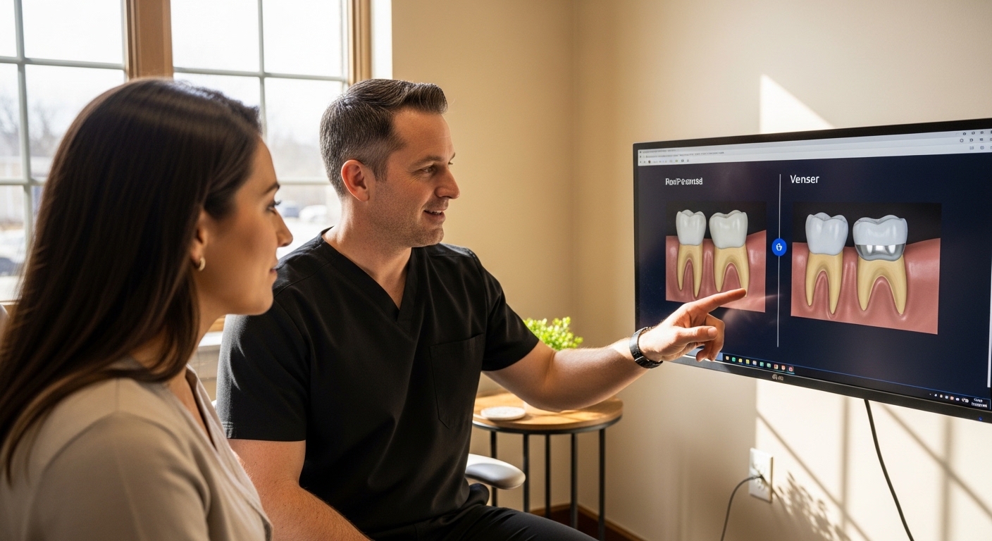Dentist consulting with patient in Louisville about crowns and veneers